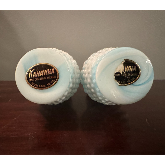 Vintage Kanawha Glass Hobnail Milk Glass Blue Slag Salt Pepper Shakers USA - Picture 6 of 8